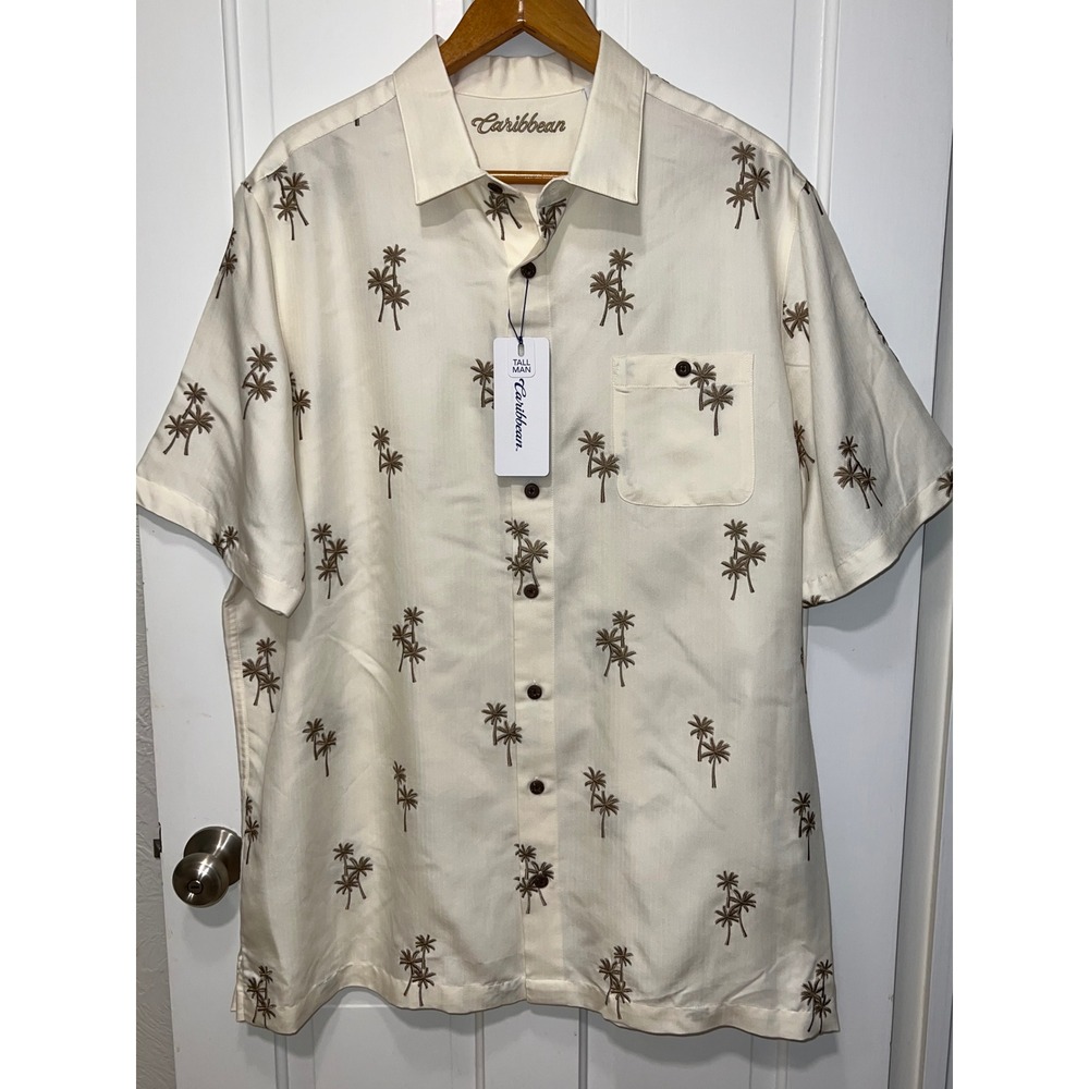 NEW Caribbean Tall Man 2XT Shirt Cream Embroidered Palm Tree Modal Blend